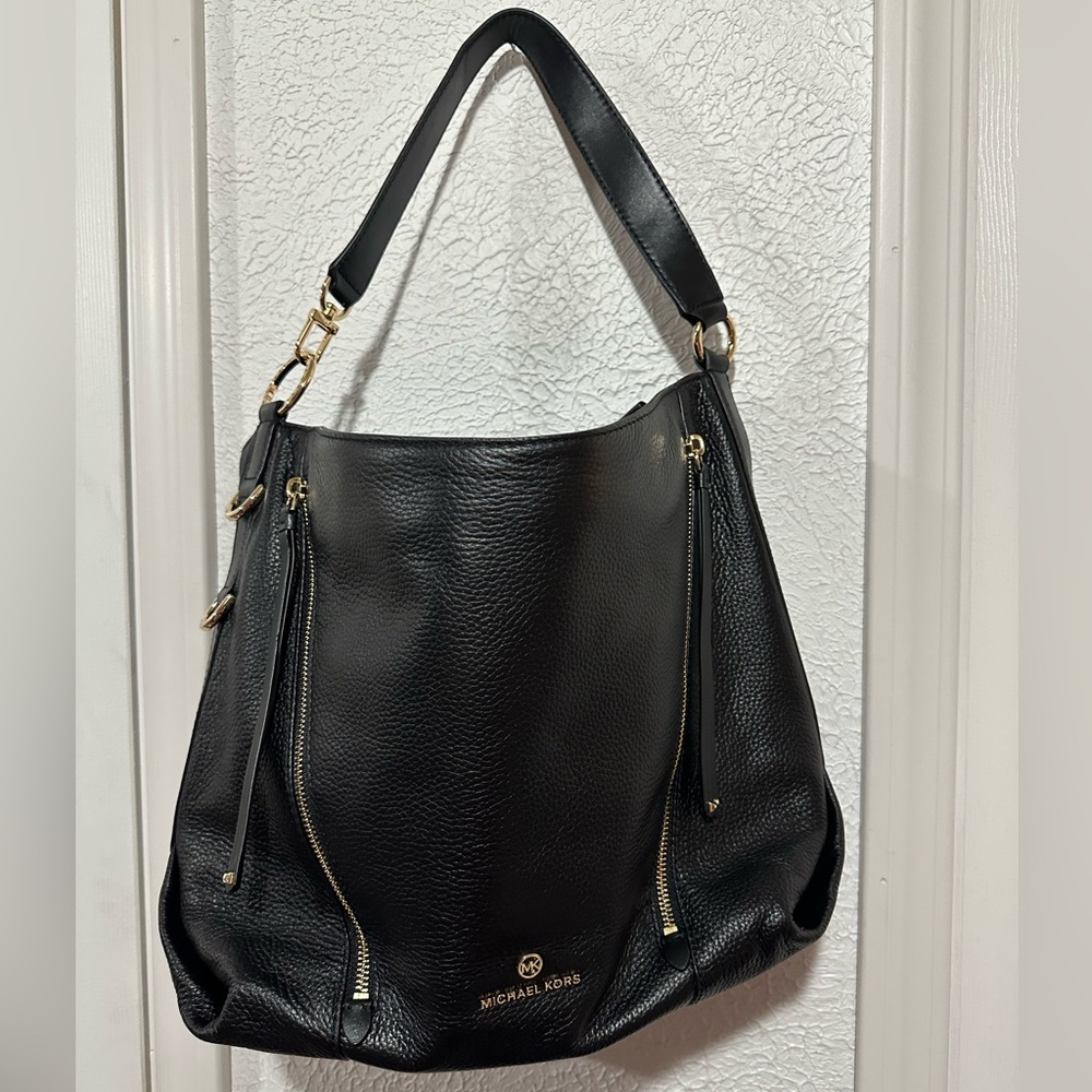 Michael Kors “Brooklyn” Black Leather Large Shoulder Hobo Bag with Gold Hardware